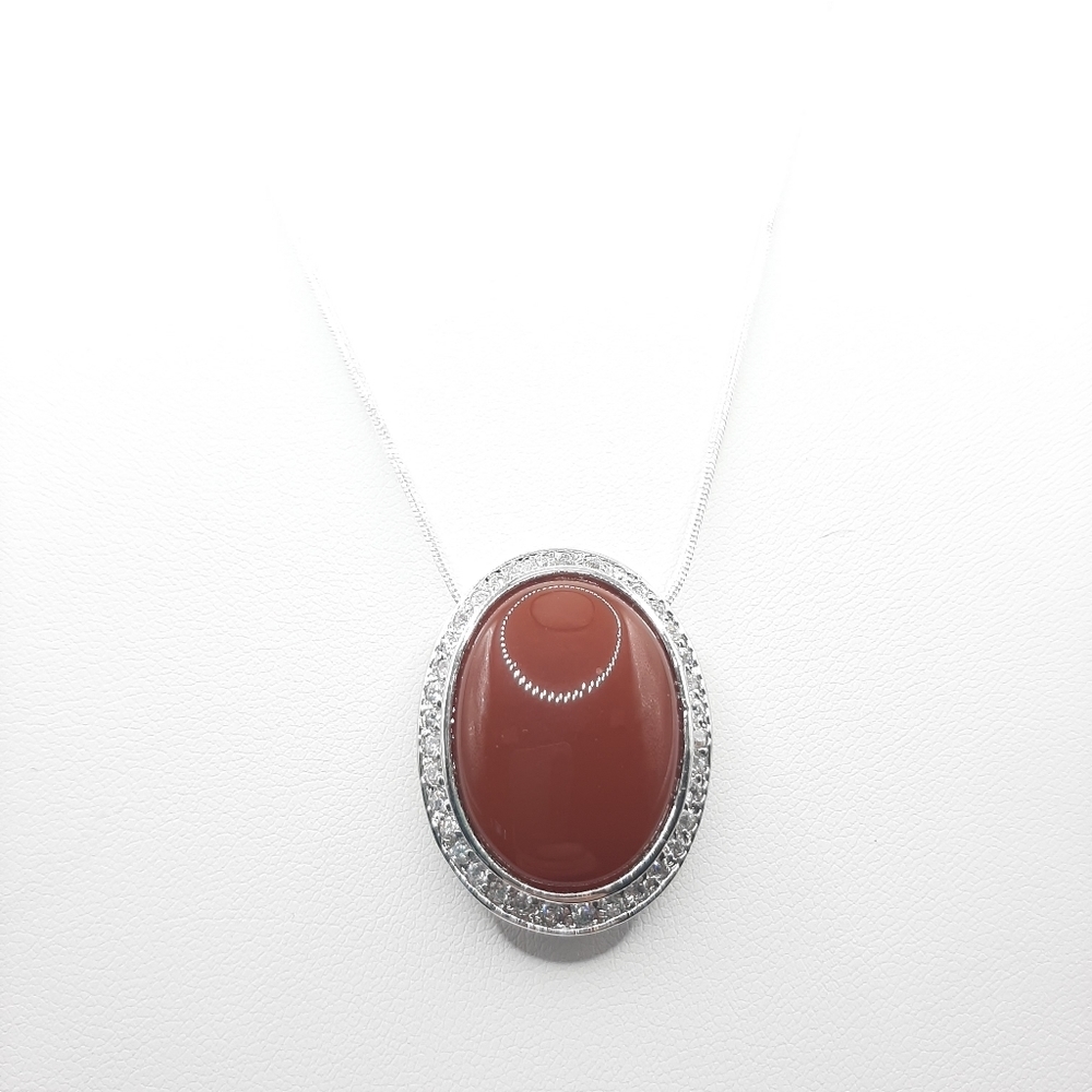 Oval Red Cabochon Halo Pendant Necklace 925 Sterling Silver Snake Chain Gift New